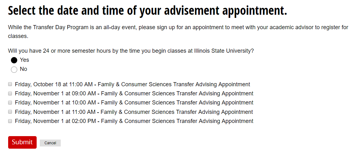 Screenshot depicting the Transfer Day appointment selection pane