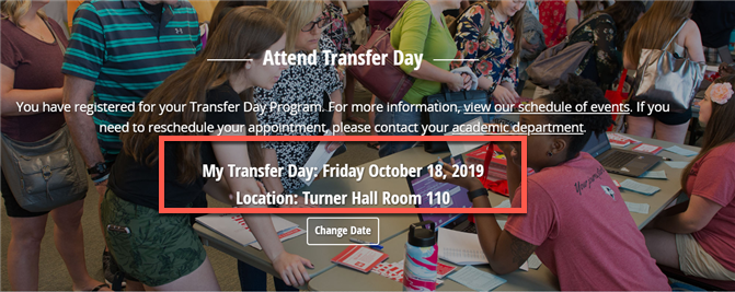 Screenshot depicting the Attend Transfer Day section of the My.IllinoisState web portal, with appointment details displayed