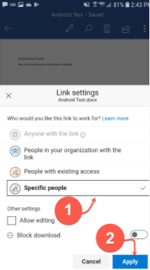 Choose specific people to share files option