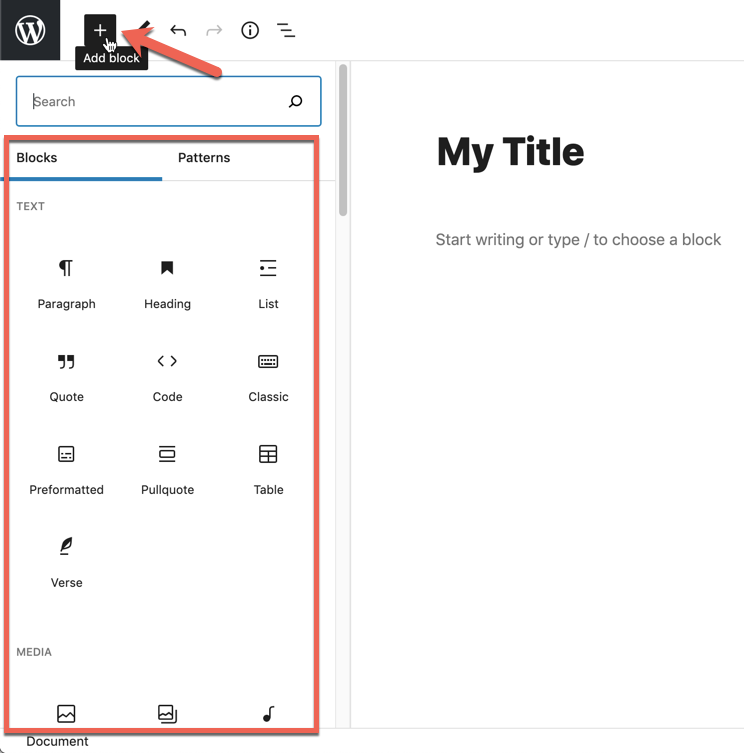 Screenshot depicting the Add block button, as well as the Block menu