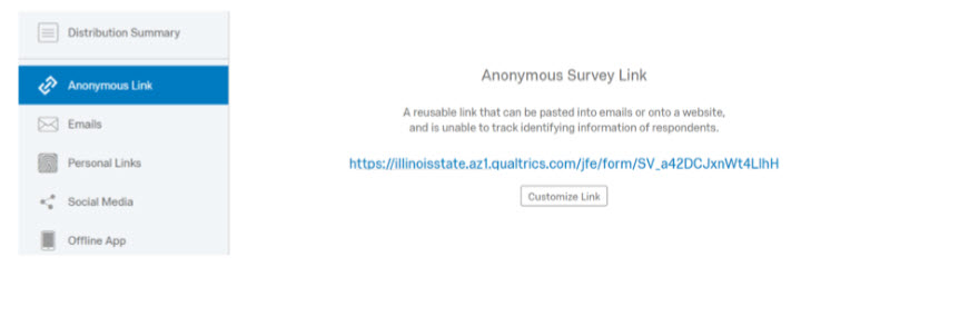 Screenshot depicting the Anonymous Link pane within Qualtrics