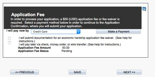 Screenshot depicting the Application Fee payment pane